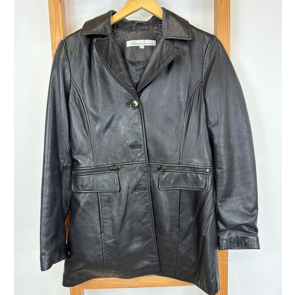Kenneth Cole Black Leather Button Up Zip Pocket Back Button Jacket Coat Size M